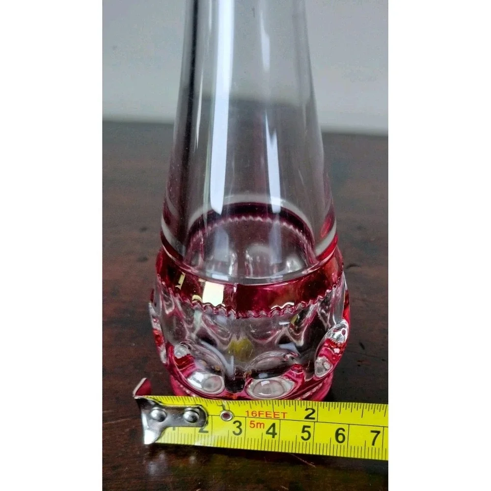 Vintage Clear & Cranberry Glass Bud Vase Thumbprint 9.5 